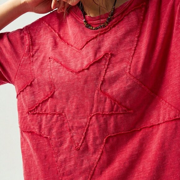 Red Casual Women's Star Pattern Round Neck Short Sleeve Loose Washing T-Shirt - Picture 2 of 7